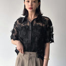 FRIFUL Mujeres - Camisa casual bordada de malla transparente y manga corta para verano