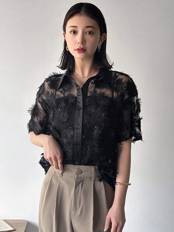 Mujeres - Camisa casual bordada de malla transparente y manga corta para verano