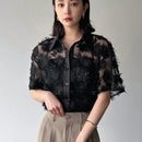 FRIFUL Mujeres - Camisa casual bordada de malla transparente y manga corta para verano