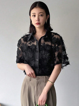 Mujeres - Camisa casual bordada de malla transparente y manga corta para verano