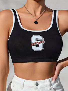 Top Bralette con graficos de letras y detalles contrastantes