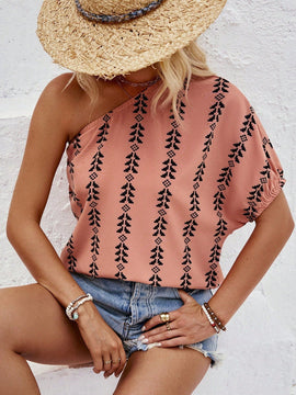 NEW  VCAY Camisa de verano casual para mujeres con diseno asimetrico de cuello y estampado completo