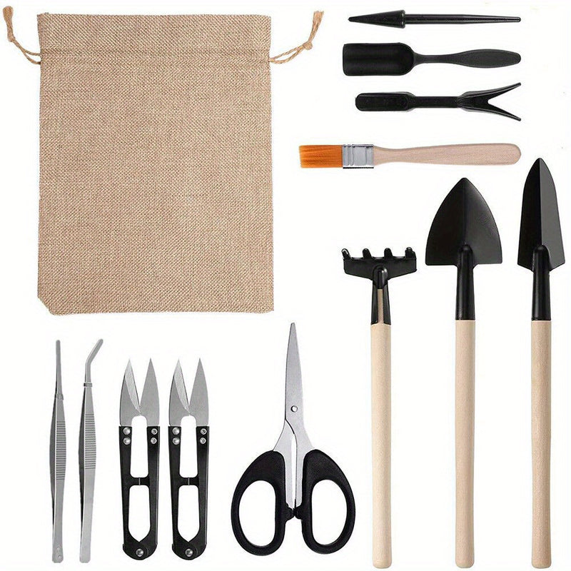 13PCS Mini Juego de Herramientas de Mano para Jardín - Kit de Pala de Trasplante de Metal y Madera con Bolsa de Tela para Plantar Bonsáis al Aire Libre - Uso Manual sin Electricidad