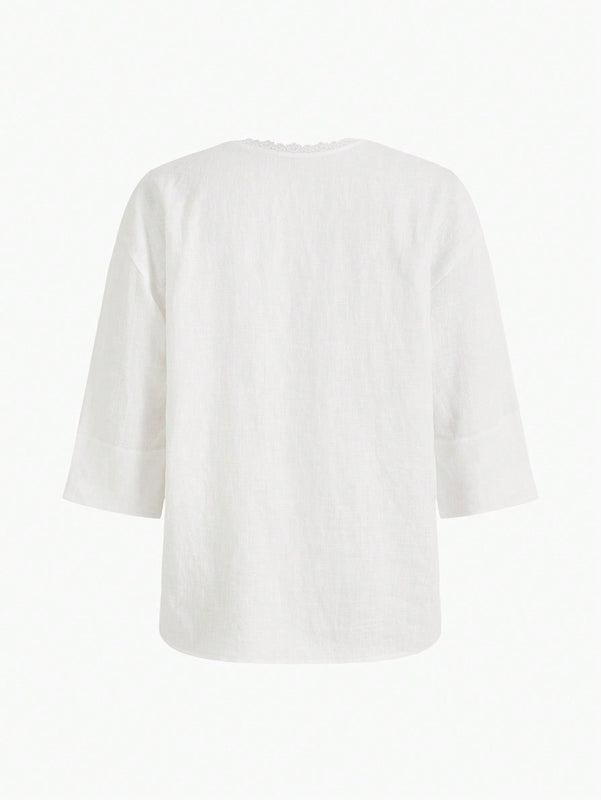 MOTF PREMIUM Blusa De Encaje De Panel De Cuello De Lazo Con Flecos De Lino Puro