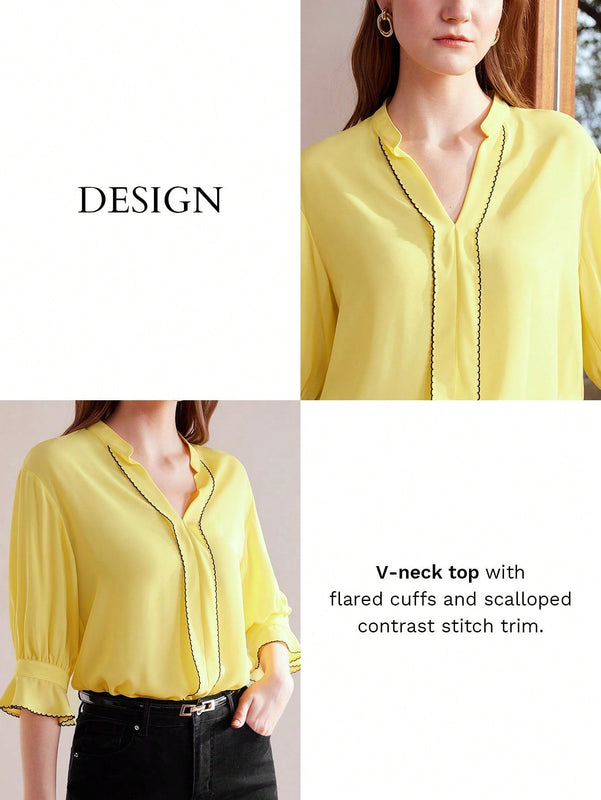 MOTF PREMIUM Blusa De Manga Abombada Tejida Para Mujer Con Cuello De Muesca Y Tuberia De Contraste
