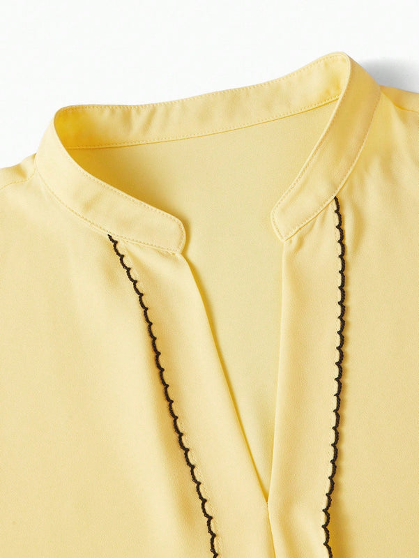 MOTF PREMIUM Blusa De Manga Abombada Tejida Para Mujer Con Cuello De Muesca Y Tuberia De Contraste