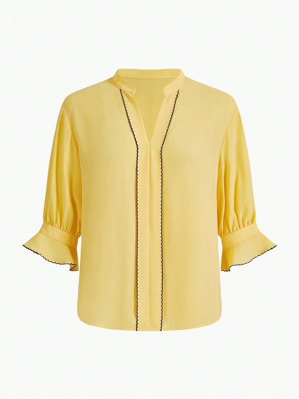 MOTF PREMIUM Blusa De Manga Abombada Tejida Para Mujer Con Cuello De Muesca Y Tuberia De Contraste