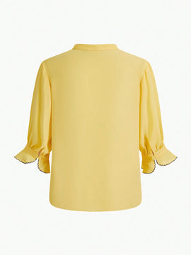 MOTF PREMIUM Blusa De Manga Abombada Tejida Para Mujer Con Cuello De Muesca Y Tuberia De Contraste