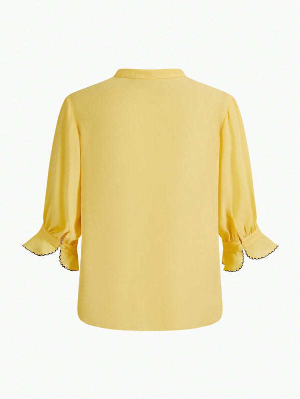 MOTF PREMIUM Blusa De Manga Abombada Tejida Para Mujer Con Cuello De Muesca Y Tuberia De Contraste