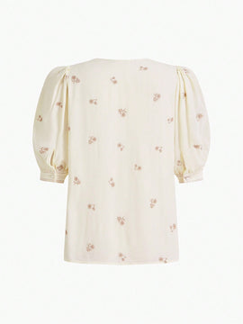 MOTF PREMIUM Blusa De Manga Abullonada Con Patron Floral De Bordado Decorativo