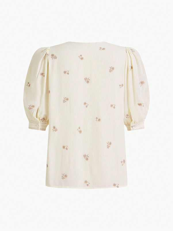 MOTF PREMIUM Blusa De Manga Abullonada Con Patron Floral De Bordado Decorativo