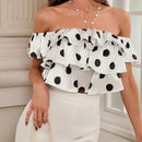 Frenchy Blusa clasica romantica de lunares polka franceses con cuello descubierto, collar de perlas, capas multiples y dobladillo de volantes sexy para mujer