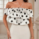 Frenchy Blusa clasica romantica de lunares polka franceses con cuello descubierto, collar de perlas, capas multiples y dobladillo de volantes sexy para mujer