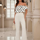 Frenchy Blusa clasica romantica de lunares polka franceses con cuello descubierto, collar de perlas, capas multiples y dobladillo de volantes sexy para mujer