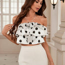 Frenchy Blusa clasica romantica de lunares polka franceses con cuello descubierto, collar de perlas, capas multiples y dobladillo de volantes sexy para mujer