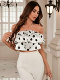 Frenchy Blusa clasica romantica de lunares polka franceses con cuello descubierto, collar de perlas, capas multiples y dobladillo de volantes sexy para mujer