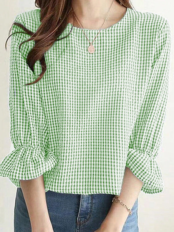 LUNE Camisa femenina de cuadros simples de cuello redondo para llevar a diario
