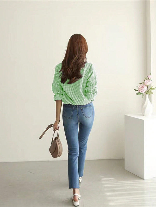 LUNE Camisa femenina de cuadros simples de cuello redondo para llevar a diario