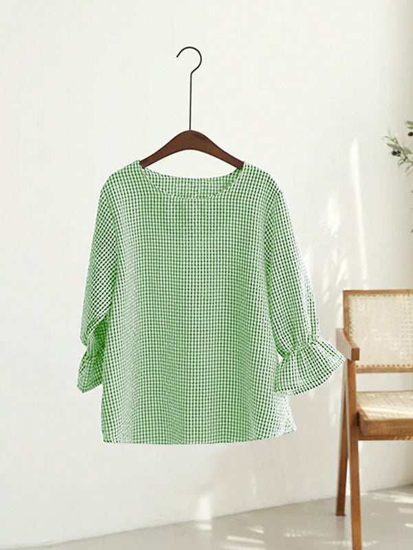 LUNE Camisa femenina de cuadros simples de cuello redondo para llevar a diario