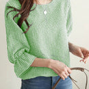 LUNE Camisa femenina de cuadros simples de cuello redondo para llevar a diario