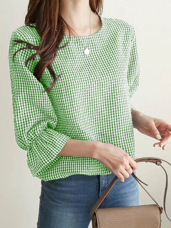 LUNE Camisa femenina de cuadros simples de cuello redondo para llevar a diario