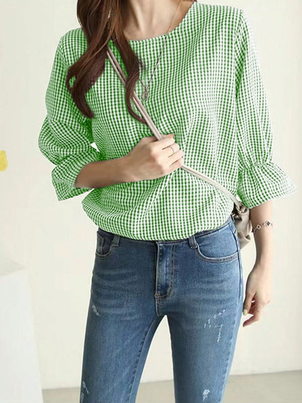 LUNE Camisa femenina de cuadros simples de cuello redondo para llevar a diario