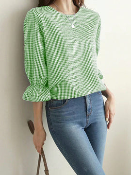 LUNE Camisa femenina de cuadros simples de cuello redondo para llevar a diario