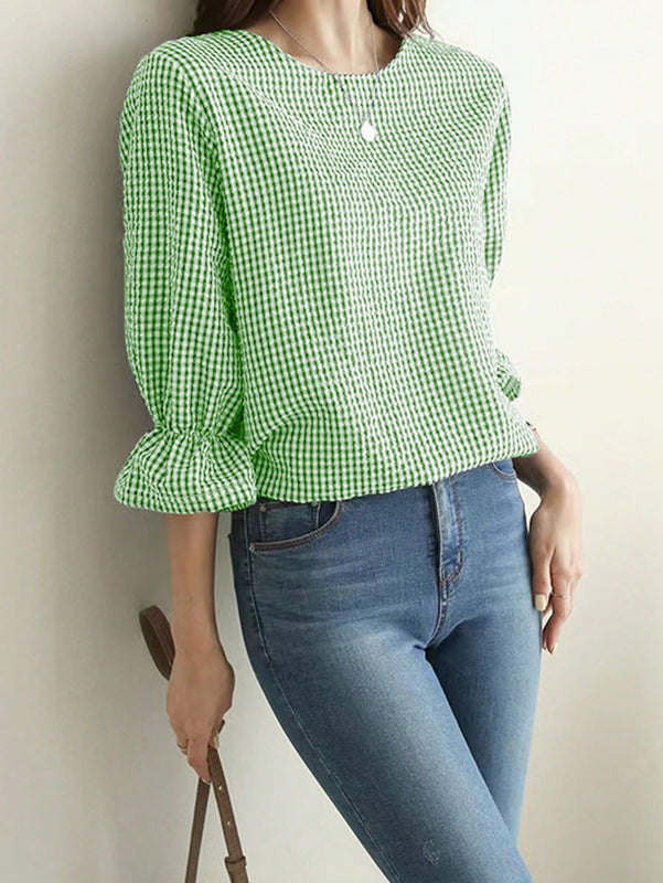LUNE Camisa femenina de cuadros simples de cuello redondo para llevar a diario