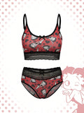 Betty Boop | ROMWE Conjunto de Brasier push up y Tangas, con patron de tiras de foso y encaje, sin cables y con correas ajustables para mujeres