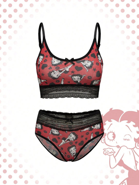 Betty Boop | ROMWE Conjunto de Brasier push up y Tangas, con patron de tiras de foso y encaje, sin cables y con correas ajustables para mujeres