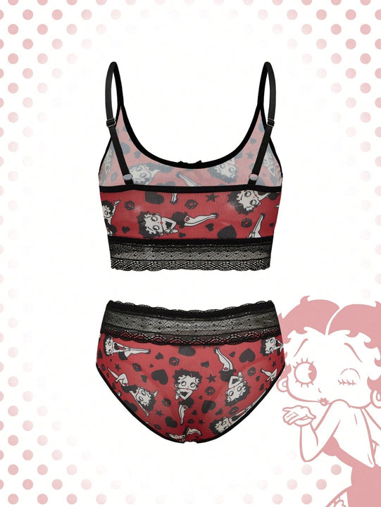Betty Boop | ROMWE Conjunto de Brasier push up y Tangas, con patron de tiras de foso y encaje, sin cables y con correas ajustables para mujeres