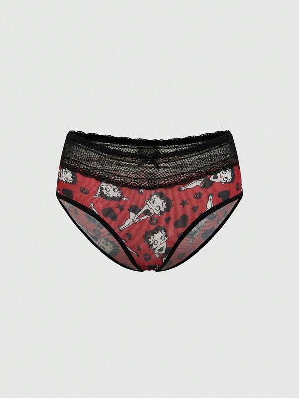 Betty Boop | ROMWE Conjunto de Brasier push up y Tangas, con patron de tiras de foso y encaje, sin cables y con correas ajustables para mujeres