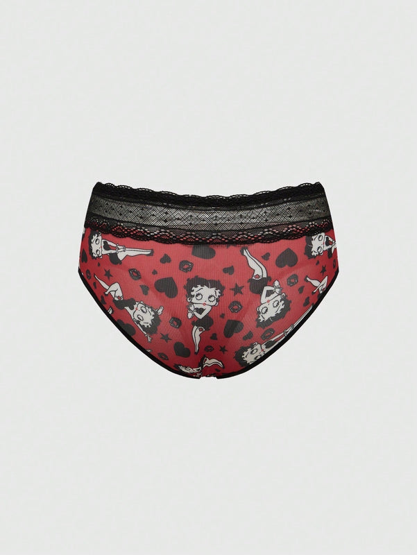 Betty Boop | ROMWE Conjunto de Brasier push up y Tangas, con patron de tiras de foso y encaje, sin cables y con correas ajustables para mujeres