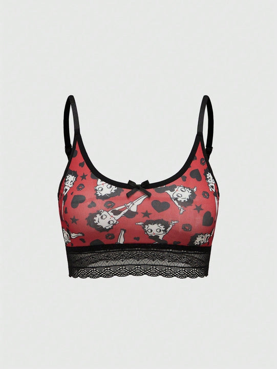 Betty Boop | ROMWE Conjunto de Brasier push up y Tangas, con patron de tiras de foso y encaje, sin cables y con correas ajustables para mujeres