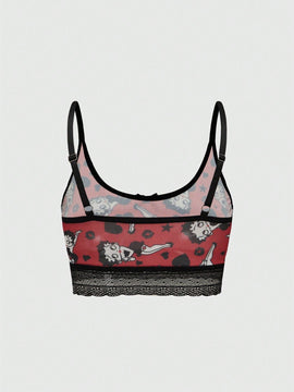 Betty Boop | ROMWE Conjunto de Brasier push up y Tangas, con patron de tiras de foso y encaje, sin cables y con correas ajustables para mujeres