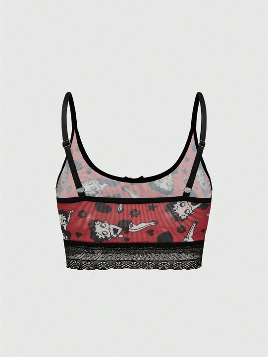 Betty Boop | ROMWE Conjunto de Brasier push up y Tangas, con patron de tiras de foso y encaje, sin cables y con correas ajustables para mujeres