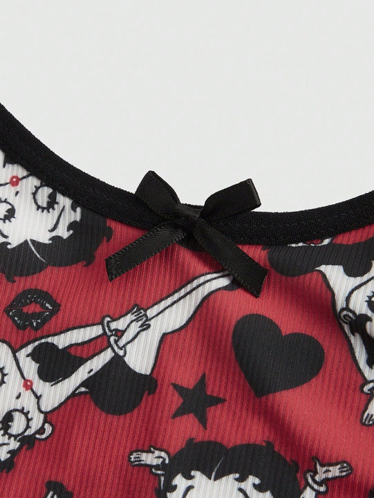 Betty Boop | ROMWE Conjunto de Brasier push up y Tangas, con patron de tiras de foso y encaje, sin cables y con correas ajustables para mujeres