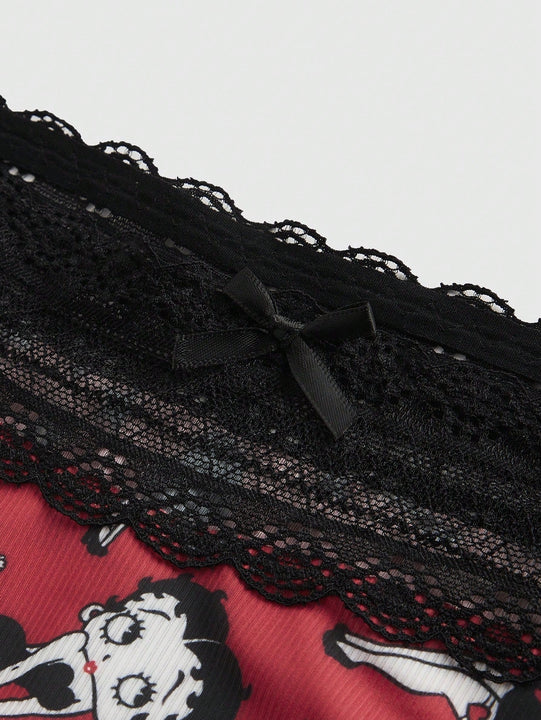 Betty Boop | ROMWE Conjunto de Brasier push up y Tangas, con patron de tiras de foso y encaje, sin cables y con correas ajustables para mujeres