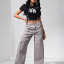 EZwear Jeans holgados de unicolor para mujeres con bolsillos anchos de moda