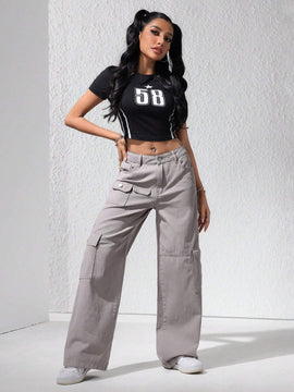 EZwear Jeans holgados de unicolor para mujeres con bolsillos anchos de moda