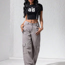 EZwear Jeans holgados de unicolor para mujeres con bolsillos anchos de moda