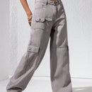 EZwear Jeans holgados de unicolor para mujeres con bolsillos anchos de moda