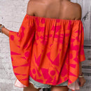 LUNE Camisa de moda para mujer con mangas de murcielago estampadas y hombros descubiertos