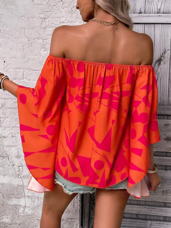 LUNE Camisa de moda para mujer con mangas de murcielago estampadas y hombros descubiertos
