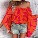 LUNE Camisa de moda para mujer con mangas de murcielago estampadas y hombros descubiertos