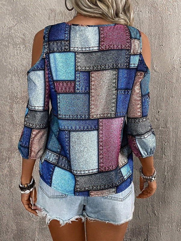 LUNE Blusa informal con hombros descubiertos para mujer con estampado aleatorio para vacaciones de verano