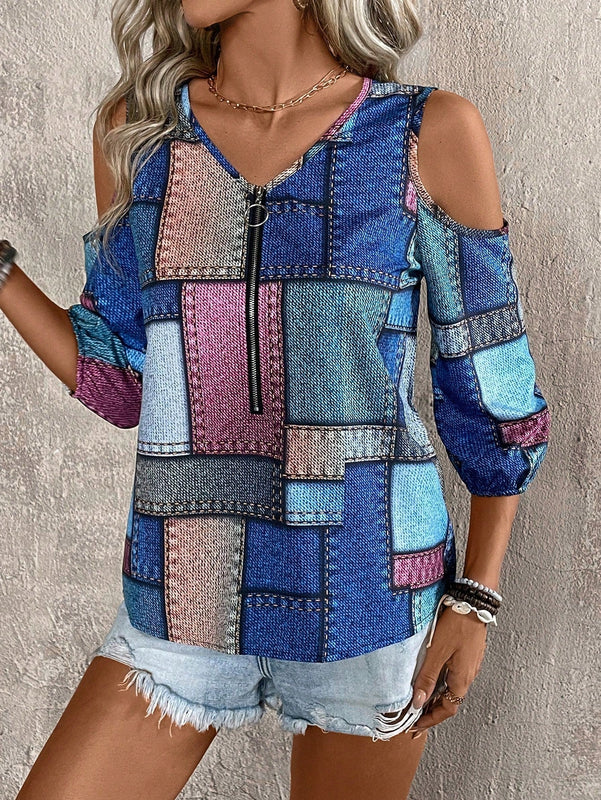 LUNE Blusa informal con hombros descubiertos para mujer con estampado aleatorio para vacaciones de verano