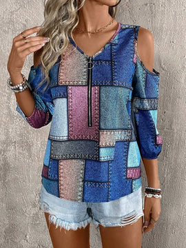 LUNE Blusa informal con hombros descubiertos para mujer con estampado aleatorio para vacaciones de verano