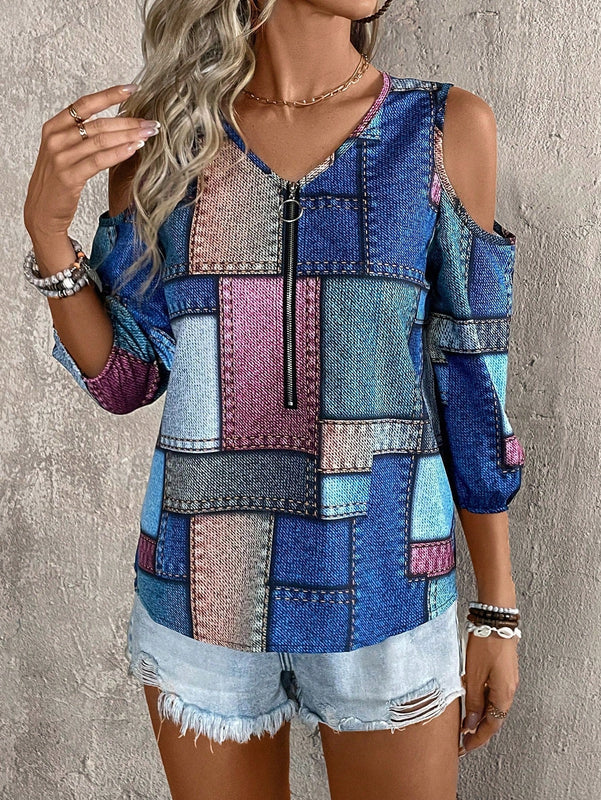 LUNE Blusa informal con hombros descubiertos para mujer con estampado aleatorio para vacaciones de verano