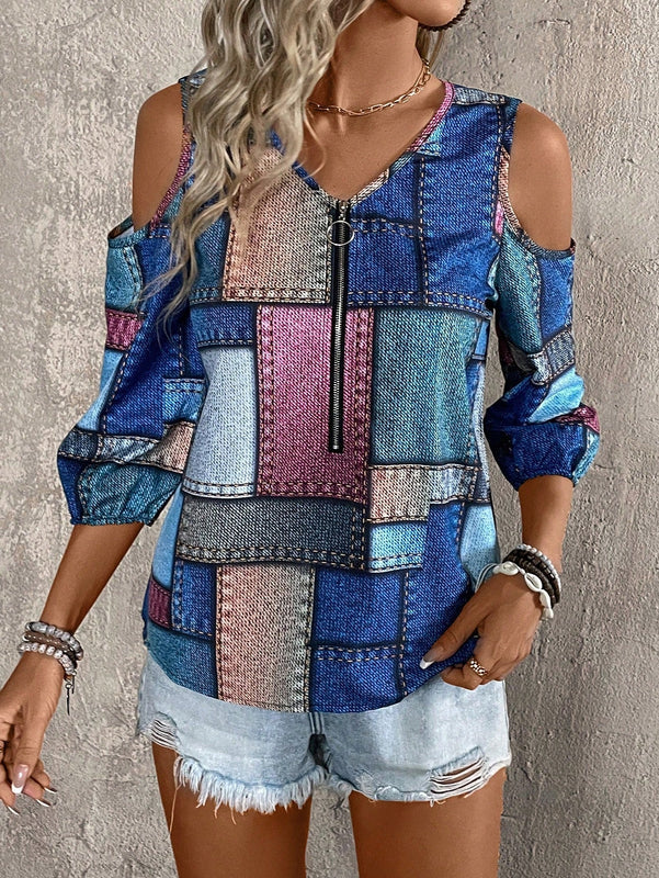 LUNE Blusa informal con hombros descubiertos para mujer con estampado aleatorio para vacaciones de verano